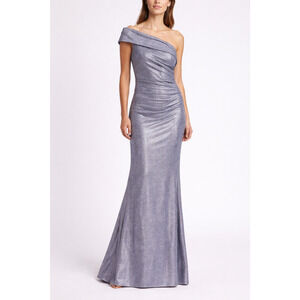 Eliza J Blue Silver Shimmer One Shoulder Fitted Formal Dress Size 8 Metallic Fit